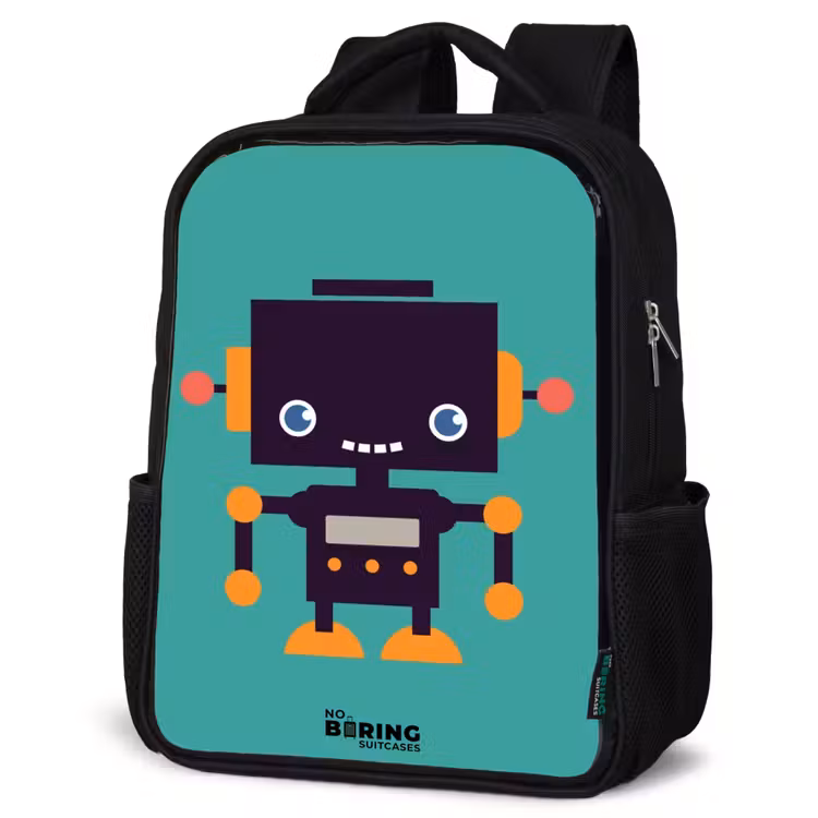 Kinderrugzak - Zwart - Zwarte robot met oranje accenten op een blauwe achtergrond — 7
