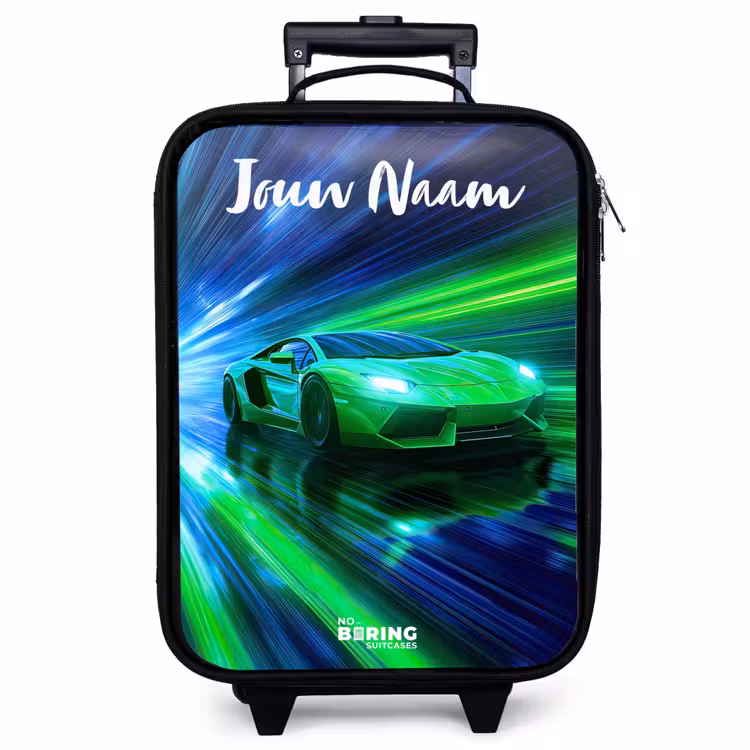 Kinderkoffer met naam - Zwart - Sportauto - Groen - Snelheidslijnen - Neon — 1