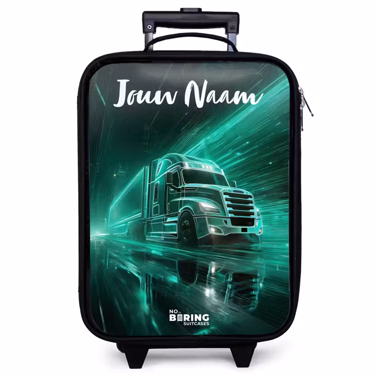 Kinderkoffer met naam - Zwart - Vrachtwagen - Stad - Groen - Neon — 1
