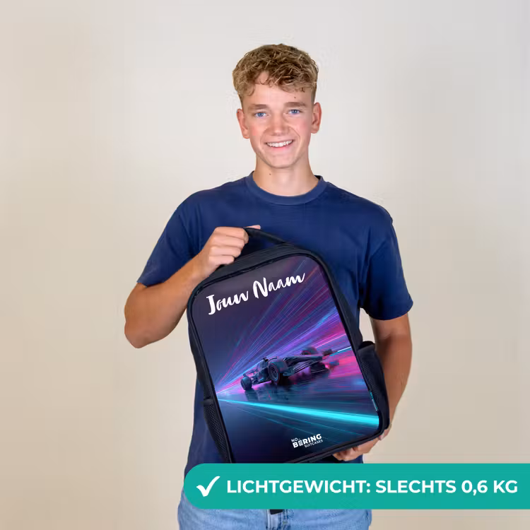 Kinderrugzak met naam - Zwart - Lichtstralen - Neon - Racewagen - Paars — 3