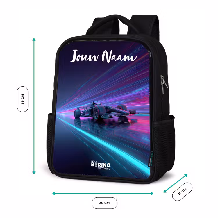 Kinderrugzak met naam - Zwart - Lichtstralen - Neon - Racewagen - Paars — 5