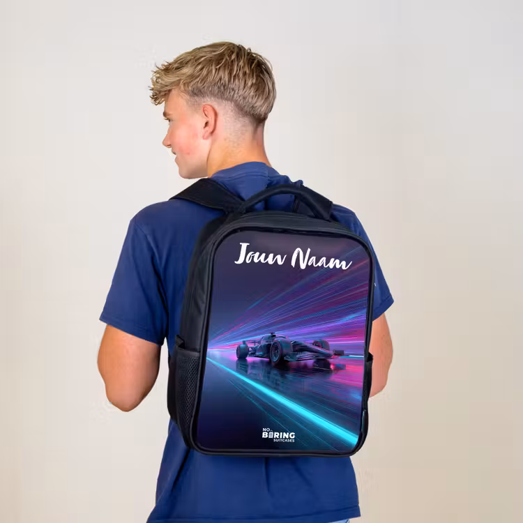 Kinderrugzak met naam - Zwart - Lichtstralen - Neon - Racewagen - Paars — 6