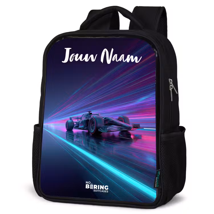 Kinderrugzak met naam - Zwart - Lichtstralen - Neon - Racewagen - Paars — 7