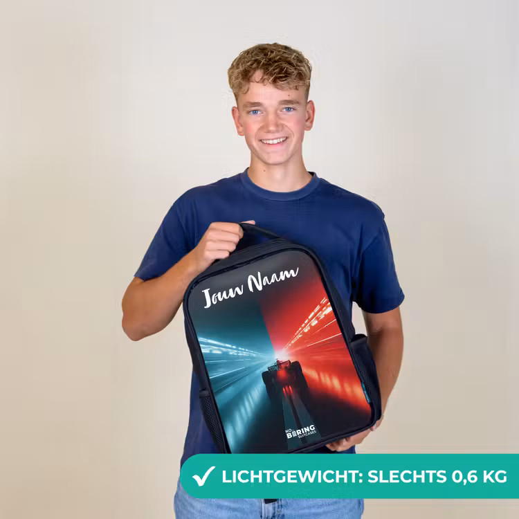 Kinderrugzak met naam - Zwart - Raceauto - Verlichting - Neon - Rood — 3