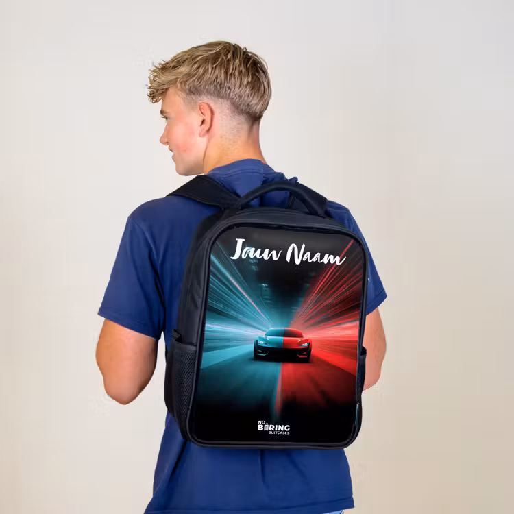 Kinderrugzak met naam - Zwart - Sportauto - Blauw - Neon - Stad — 6