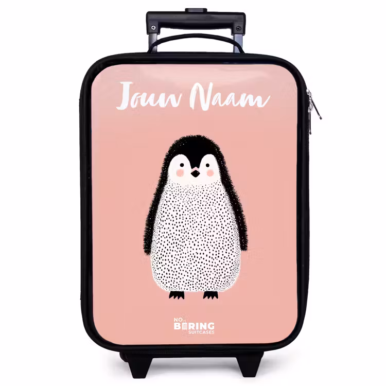 Kinderkoffer met naam - Zwart - Pinguïn - Stippen - Roze - Minimalistisch — 1