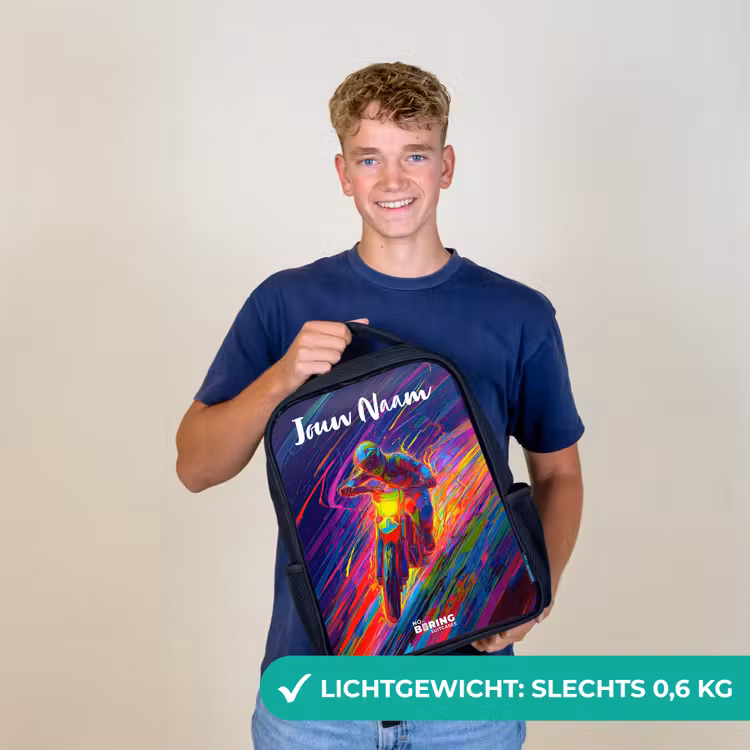 Kinderrugzak met naam - Zwart - Crossmotor - Neonkleuren - Lijnen - Helm — 3