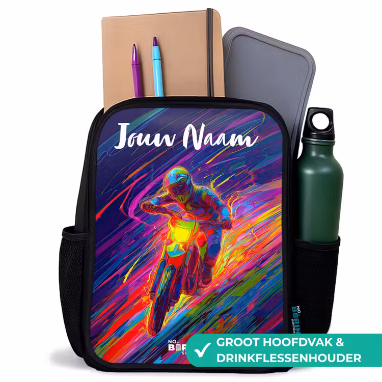 Kinderrugzak met naam - Zwart - Crossmotor - Neonkleuren - Lijnen - Helm — 4