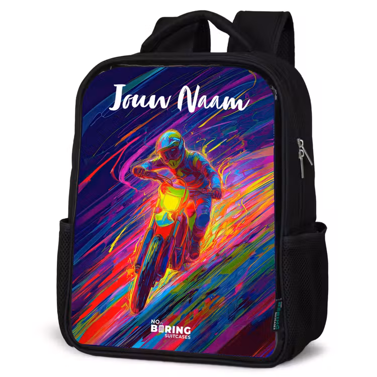Kinderrugzak met naam - Zwart - Crossmotor - Neonkleuren - Lijnen - Helm — 7