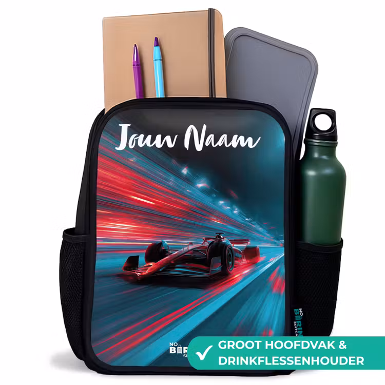 Kinderrugzak met naam - Zwart - Formule 1 - Raceauto - Rood - Neonverlichting — 4