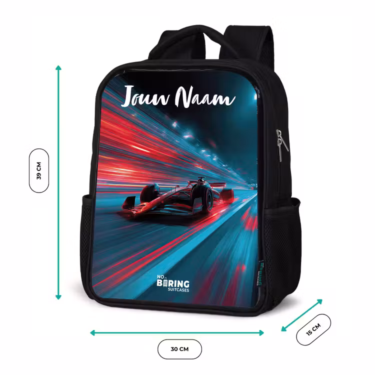 Kinderrugzak met naam - Zwart - Formule 1 - Raceauto - Rood - Neonverlichting — 5