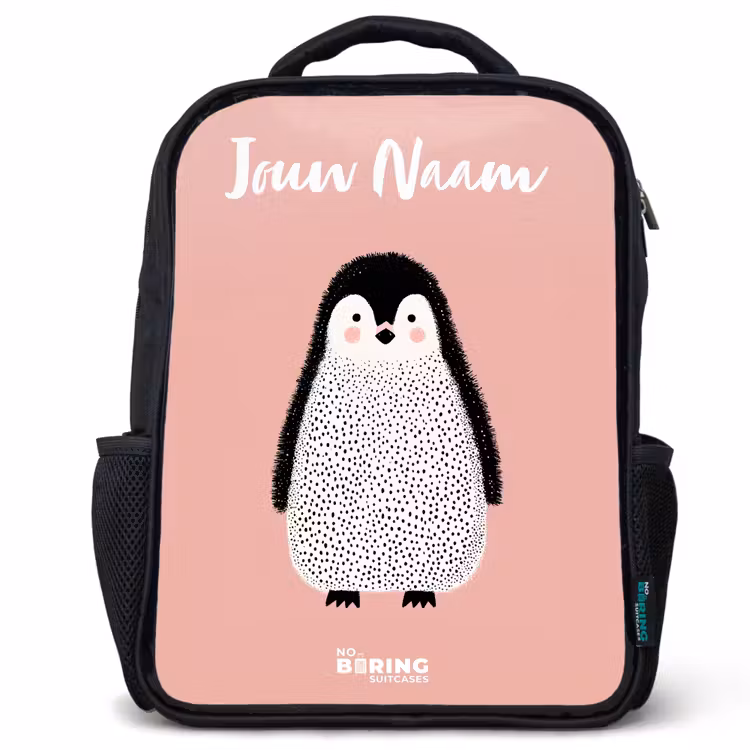 Kinderrugzak met naam - Zwart - Pinguïn - Stippen - Roze - Minimalistisch — 1