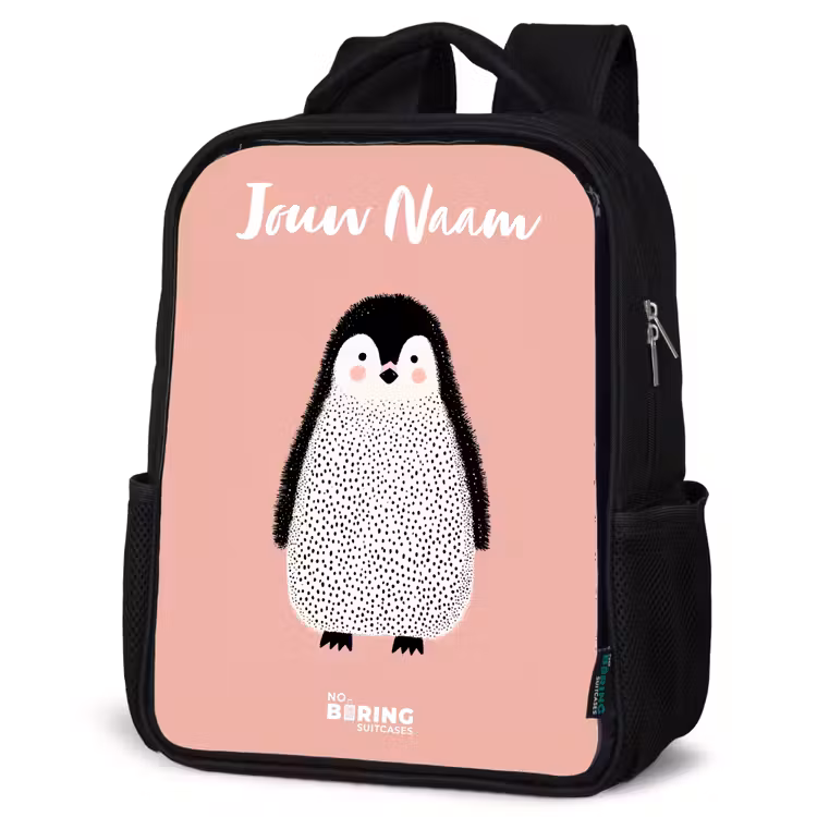 Kinderrugzak met naam - Zwart - Pinguïn - Stippen - Roze - Minimalistisch — 7