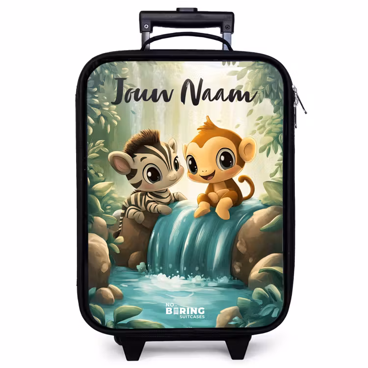 Kinderkoffer met naam - Zwart - Zebra - Aapje - Waterval - Rotsen — 1