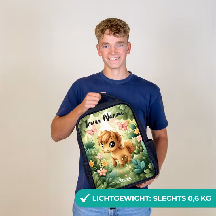 Kinderrugzak met naam - Zwart - Paard - Bloemen - Vlinders — 3