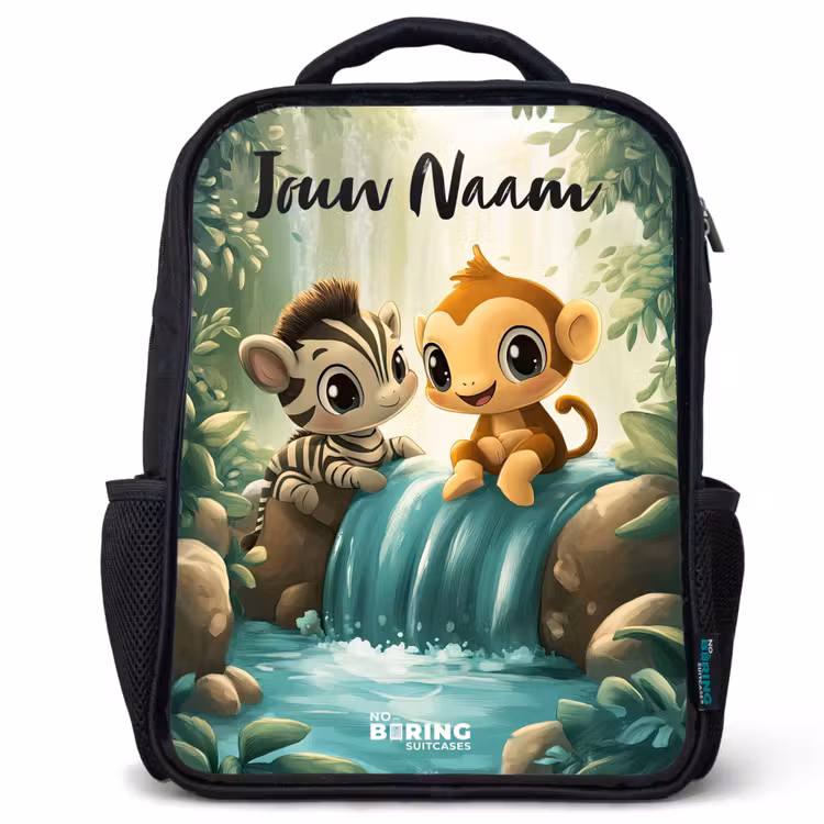 Kinderrugzak met naam - Zwart - Zebra - Aapje - Waterval - Rotsen — 1