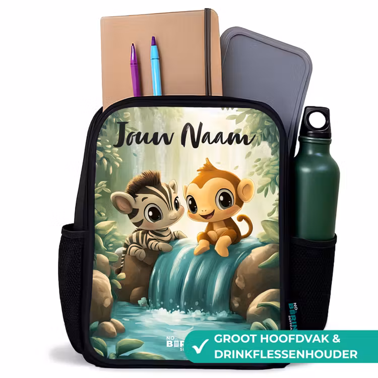 Kinderrugzak met naam - Zwart - Zebra - Aapje - Waterval - Rotsen — 4