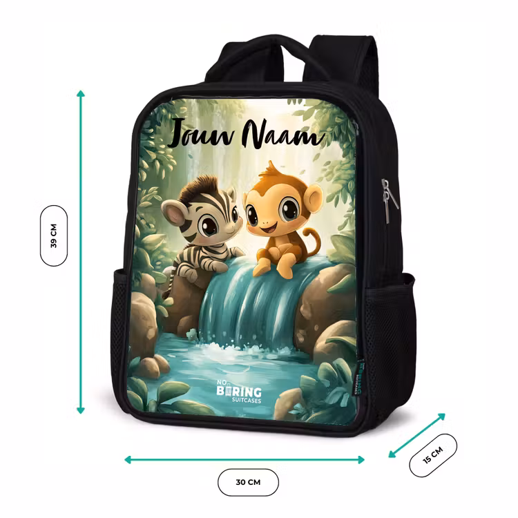 Kinderrugzak met naam - Zwart - Zebra - Aapje - Waterval - Rotsen — 5