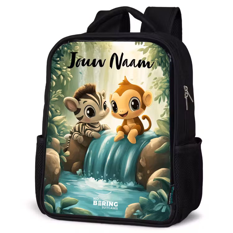 Kinderrugzak met naam - Zwart - Zebra - Aapje - Waterval - Rotsen — 7