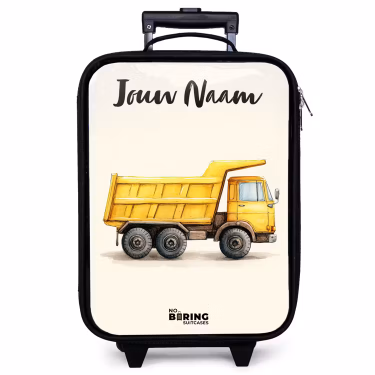 Kinderkoffer met naam - Zwart - Kiepwagen - Getekend - Geel — 1