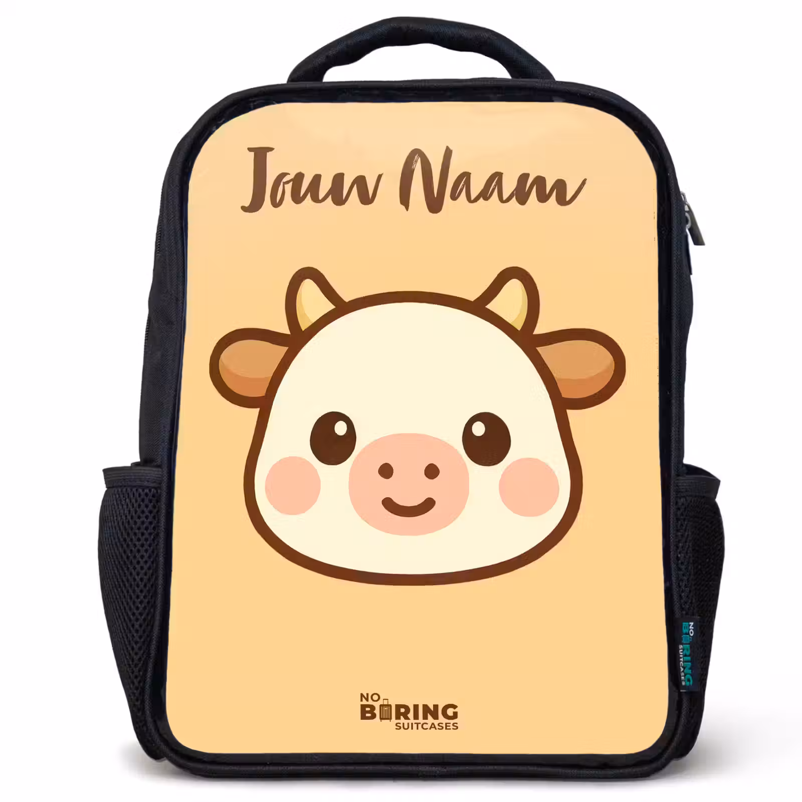 Kinderrugzak met naam - Zwart - Kawai - Koe - Bruin — 1