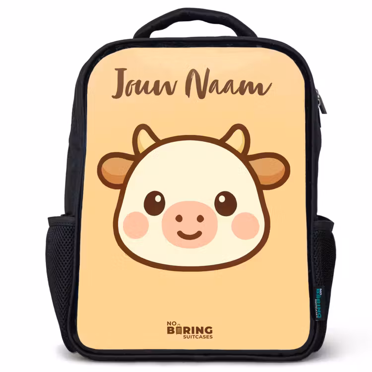 Kinderrugzak met naam - Zwart - Kawai - Koe - Bruin — 1