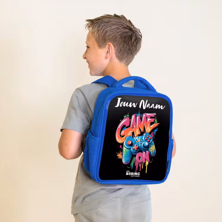 Kinderrugzak met naam - Blauw - Controller - Game - Graffiti - Tekst — 3