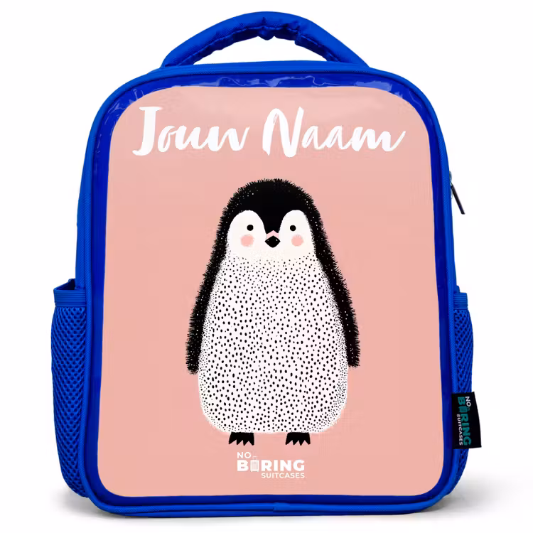 Kinderrugzak met naam - Blauw - Pinguïn - Stippen - Roze - Minimalistisch — 1