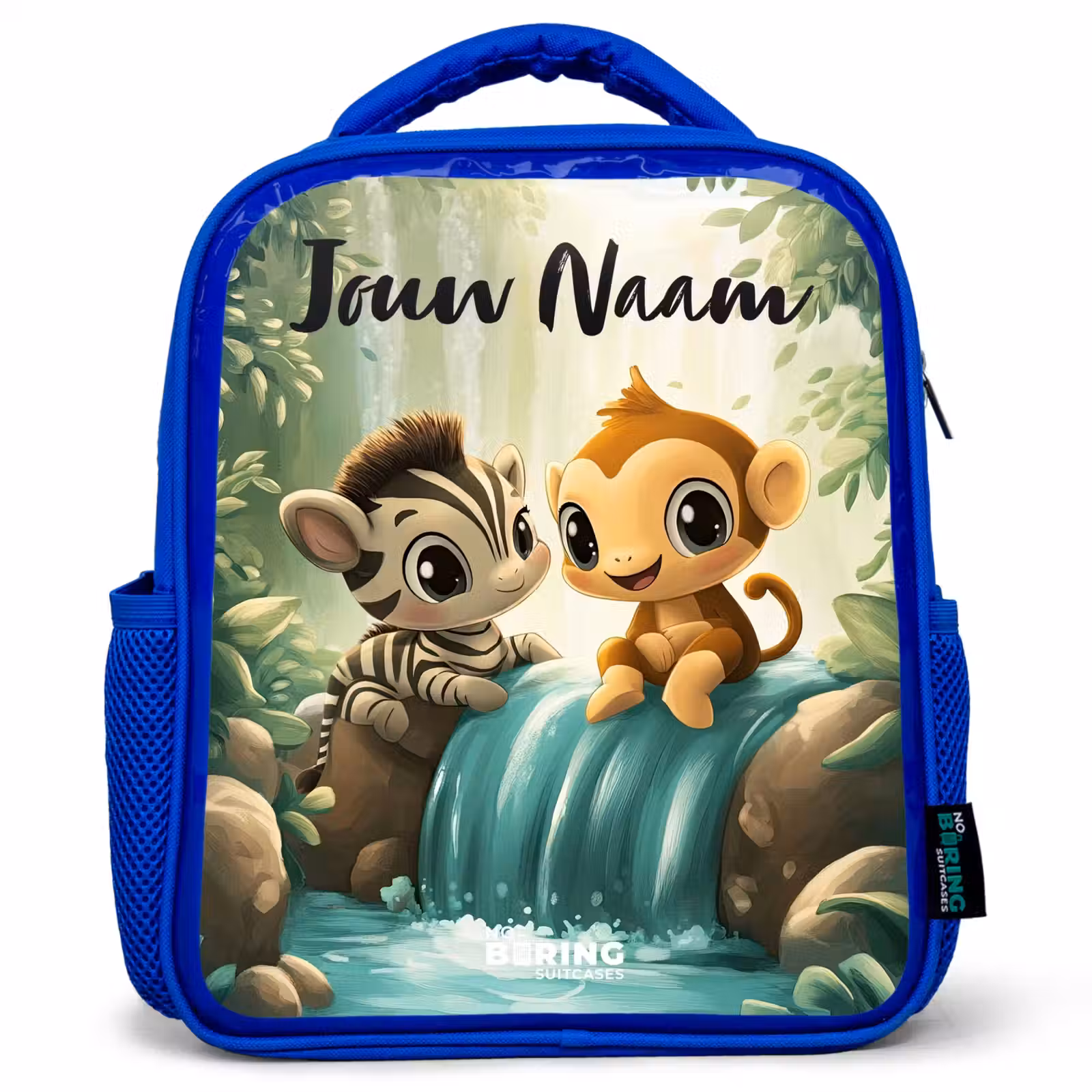 Kinderrugzak met naam - Blauw - Zebra - Aapje - Waterval - Rotsen — 1