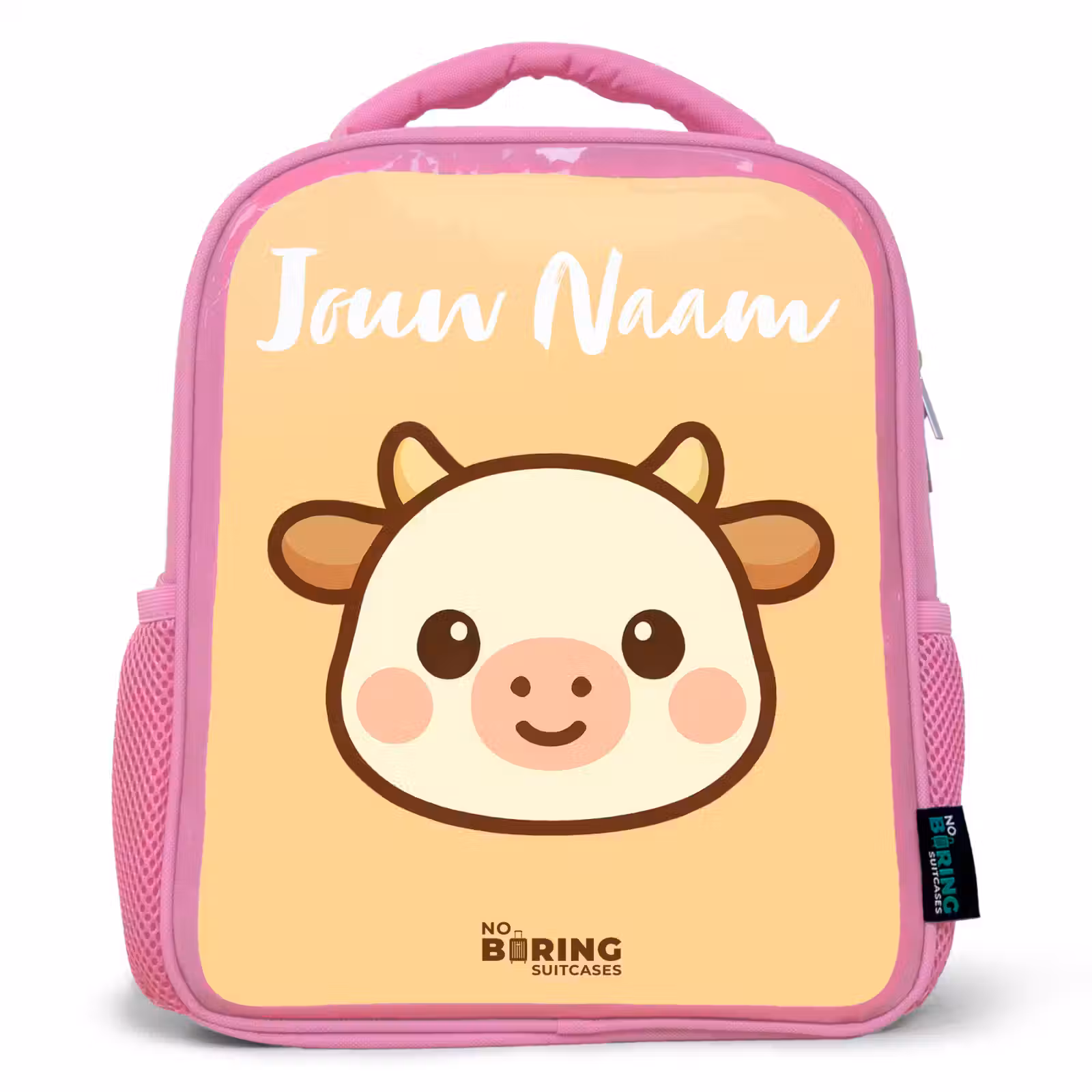 Kinderrugzak met naam - Roze - Kawai - Koe - Bruin — 1