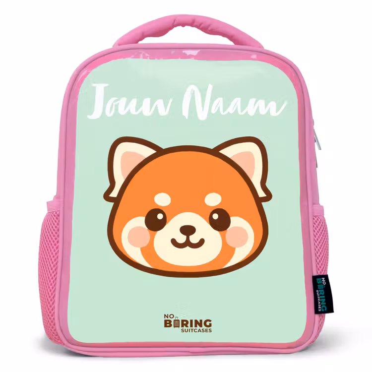 Kinderrugzak met naam - Roze - Kawai - Rode panda - Groen — 1