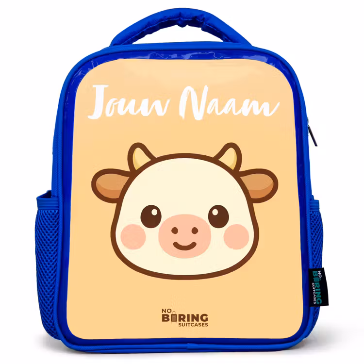 Kinderrugzak met naam - Blauw - Kawai - Koe - Bruin — 1