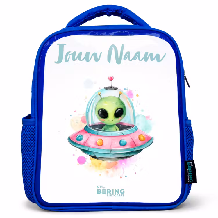 Kinderrugzak - Blauw - Groene alien in kleurrijke UFO — 1