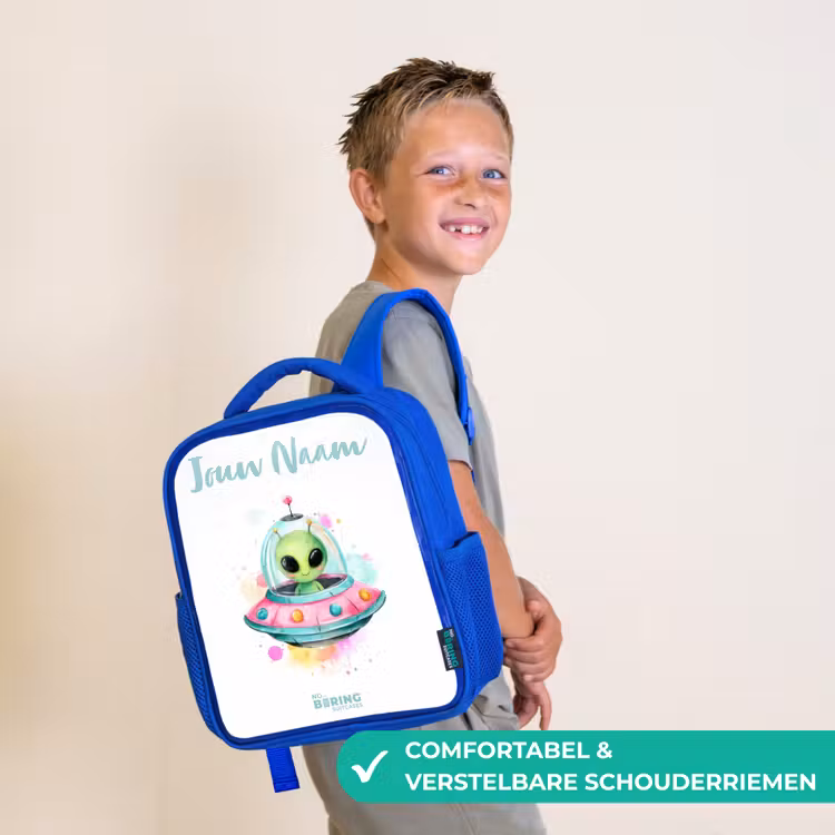 Kinderrugzak - Blauw - Groene alien in kleurrijke UFO — 4