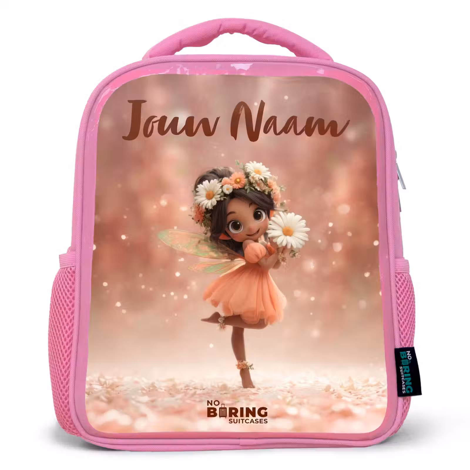 Kinderrugzak met naam - Roze - Fee met madeliefjes — 1