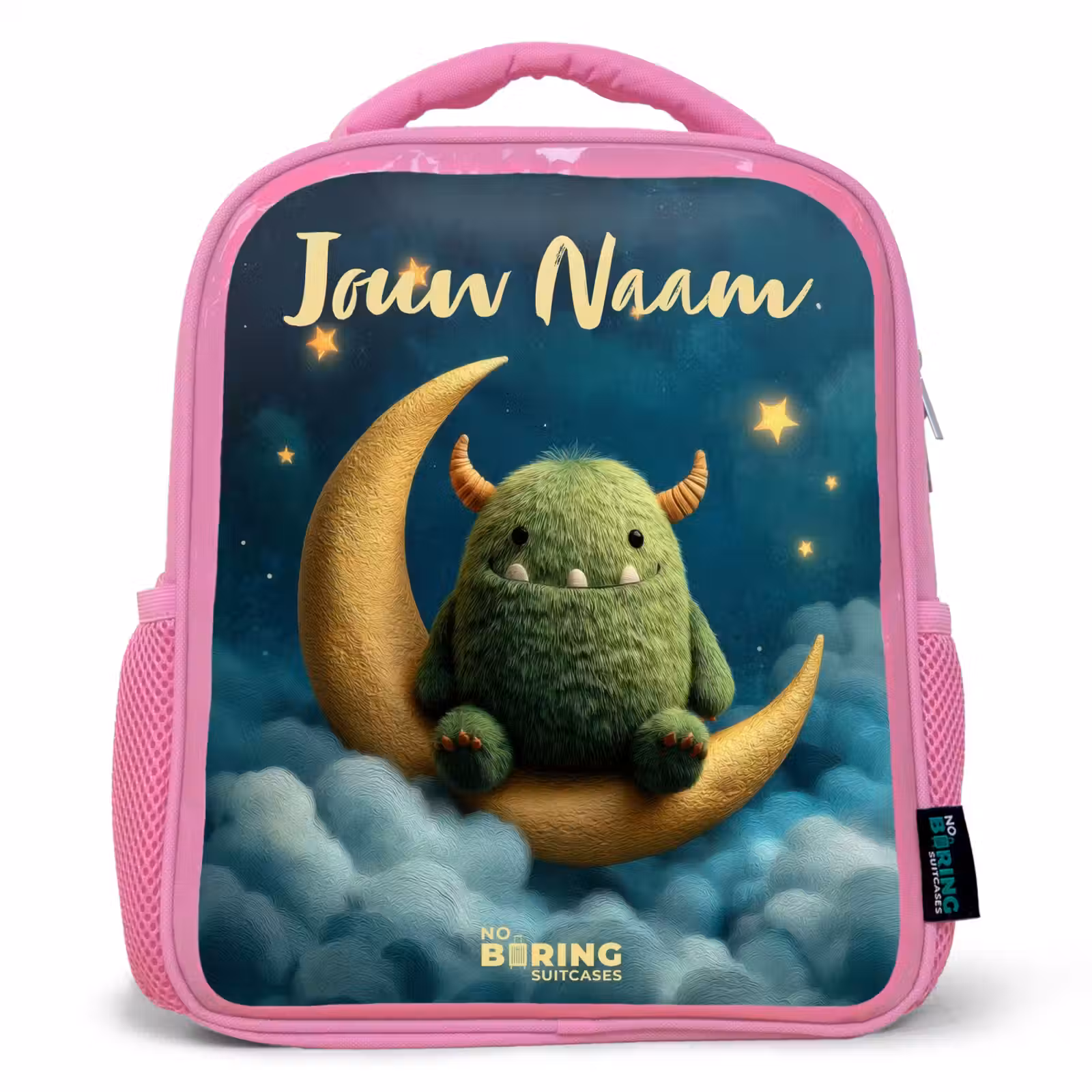 Kinderrugzak met naam - Roze - Groen monster op maansikkel — 1