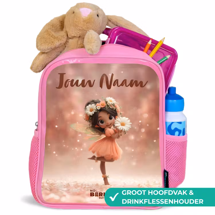 Kinderrugzak met naam - Roze - Fee met madeliefjes — 2