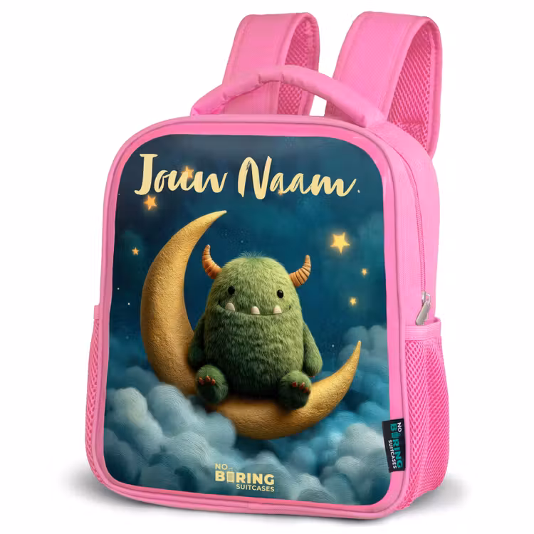 Kinderrugzak met naam - Roze - Groen monster op maansikkel — 6
