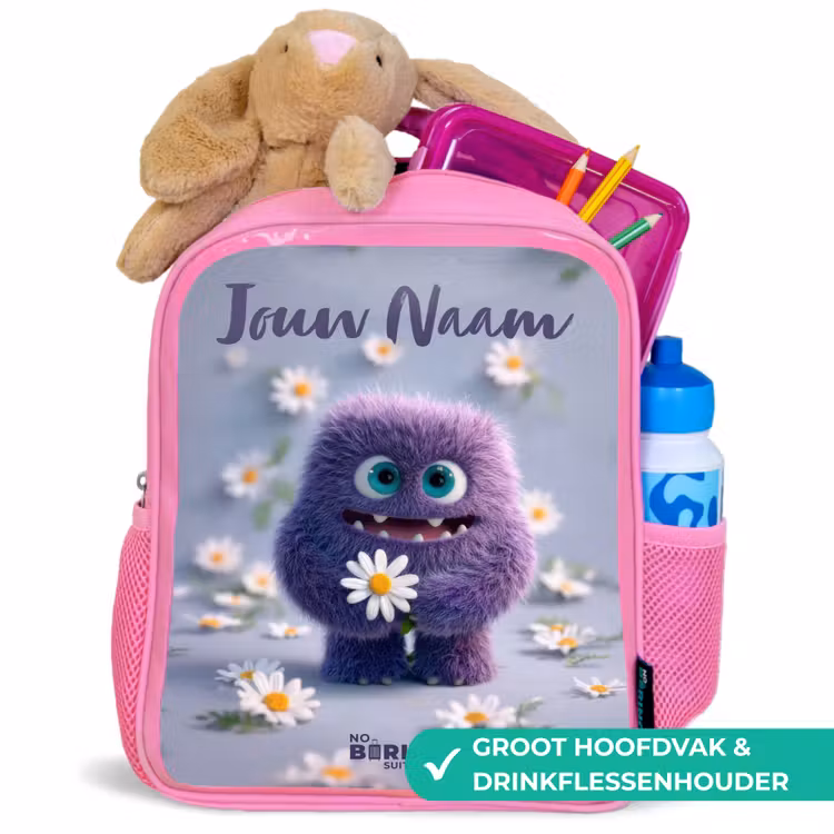 Kinderrugzak met naam - Roze - Paars Pluizig Vriendje met Madelief — 2