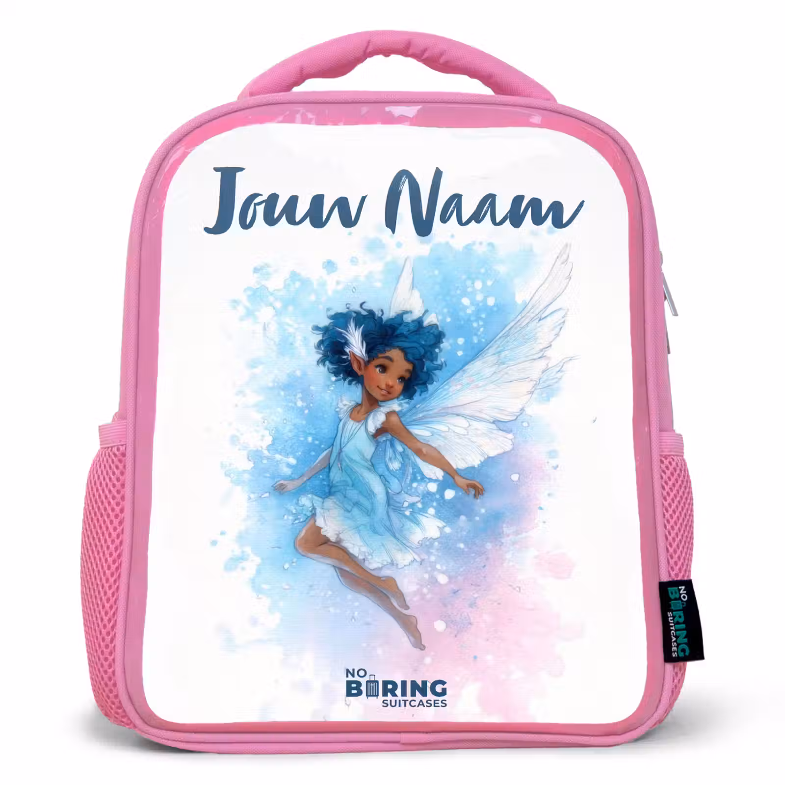 Kinderrugzak met naam - Roze - Vliegende fee in blauwe tinten — 1