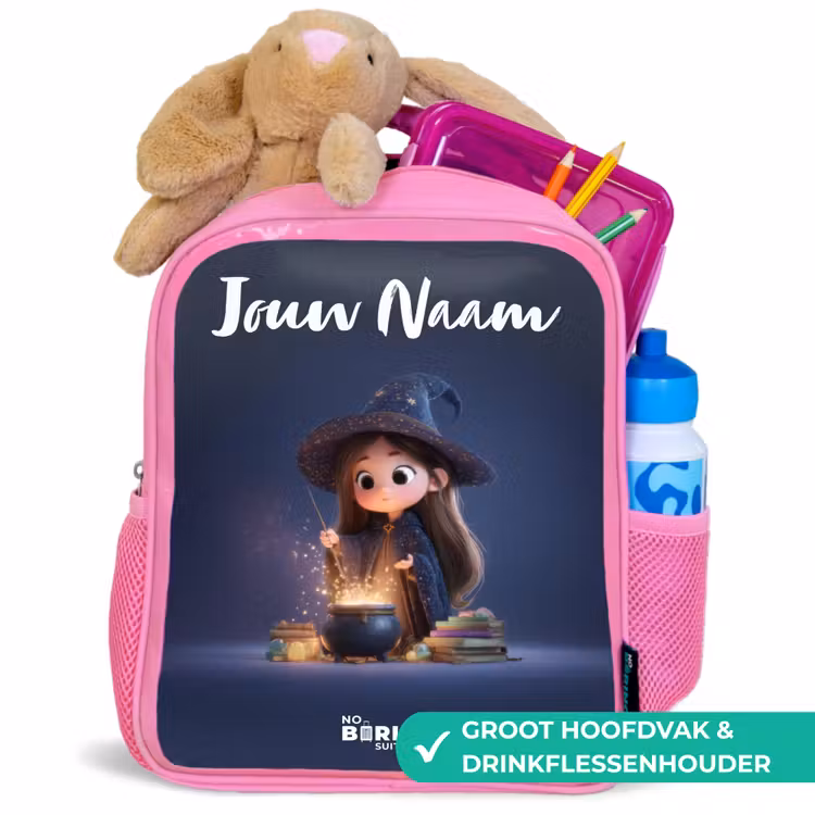 Kinderrugzak met naam - Roze - Betoverend meisje met ketel — 2