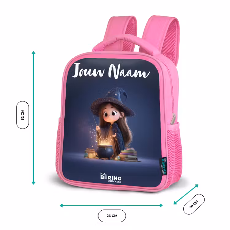 Kinderrugzak met naam - Roze - Betoverend meisje met ketel — 3