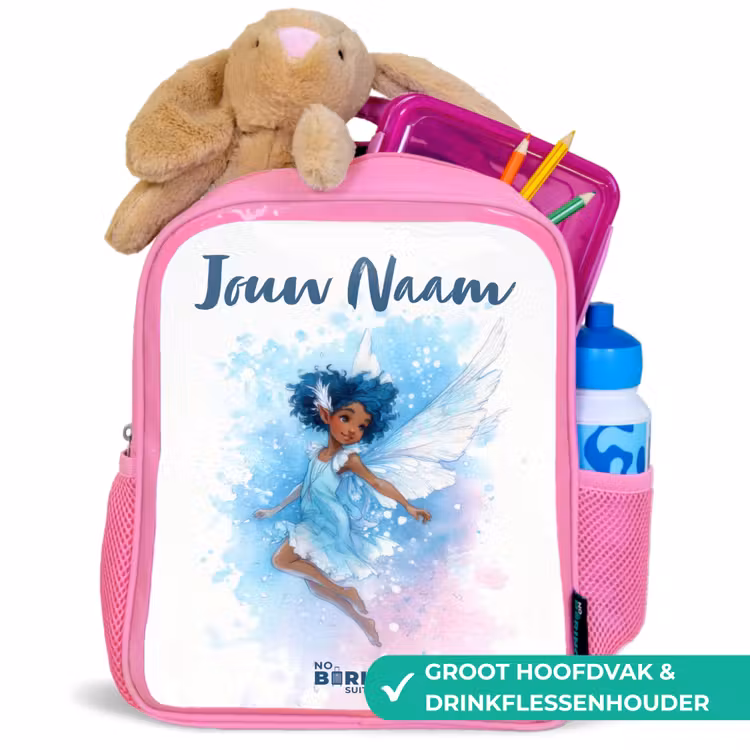 Kinderrugzak met naam - Roze - Vliegende fee in blauwe tinten — 2