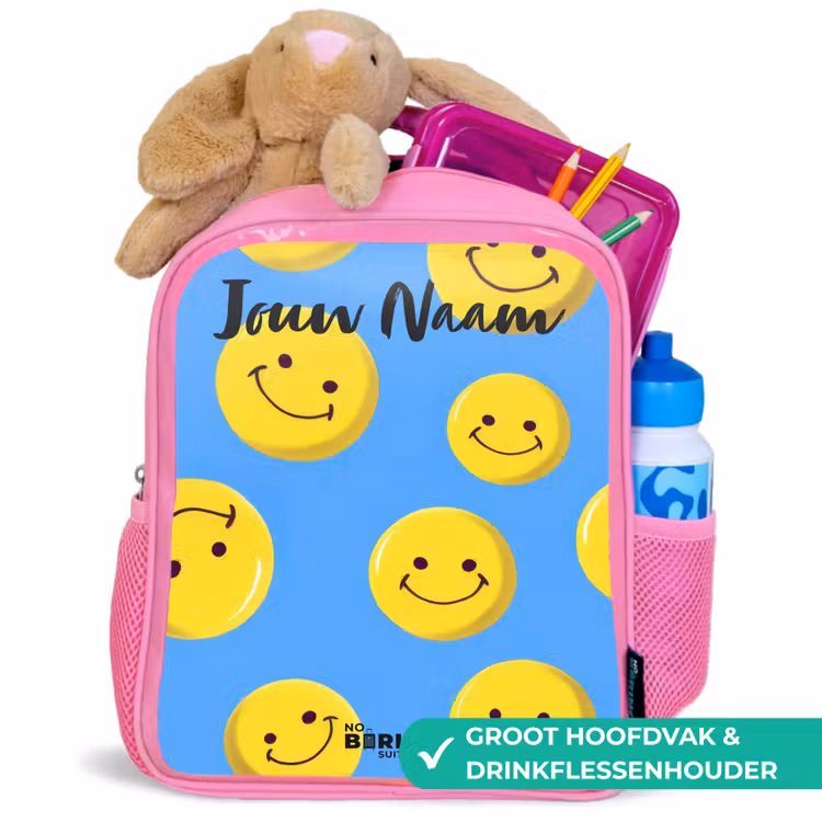 Kinderrugzak met naam - Roze - Vrolijke smileyregen — 2