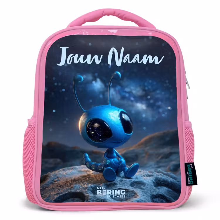 Kinderrugzak met naam - Roze - Blauw buitenaards wezentje onder sterrenhemel — 1