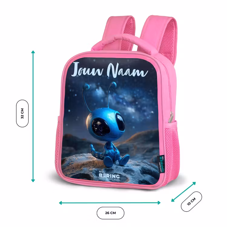 Kinderrugzak met naam - Roze - Blauw buitenaards wezentje onder sterrenhemel — 3