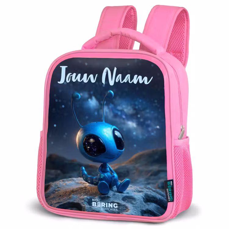 Kinderrugzak met naam - Roze - Blauw buitenaards wezentje onder sterrenhemel — 6