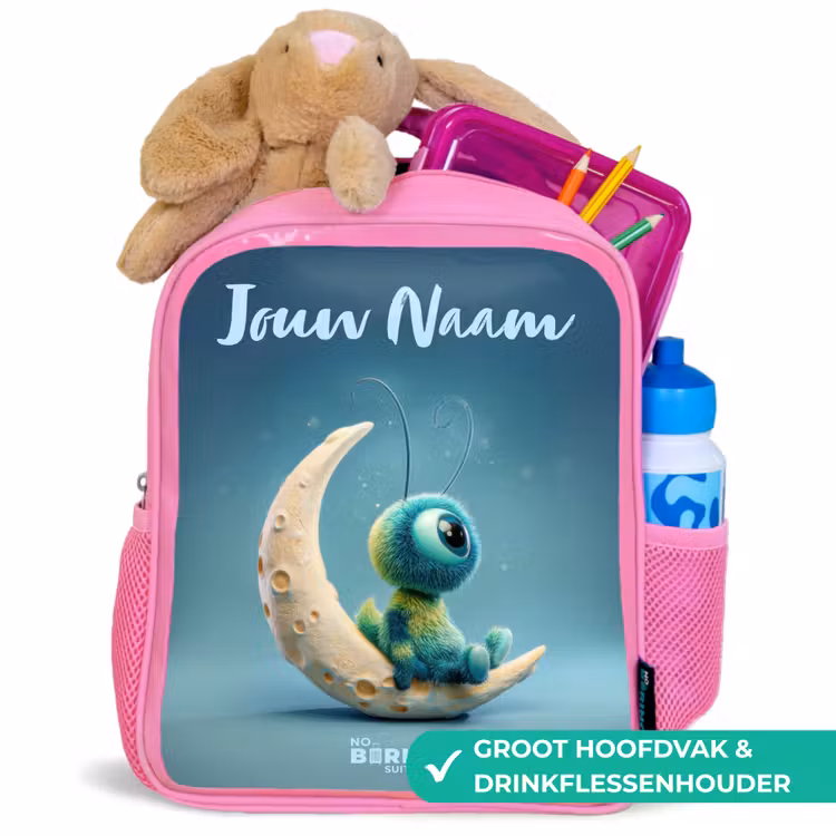 Kinderrugzak met naam - Roze - Dromerig Wezentje op de Maan — 2
