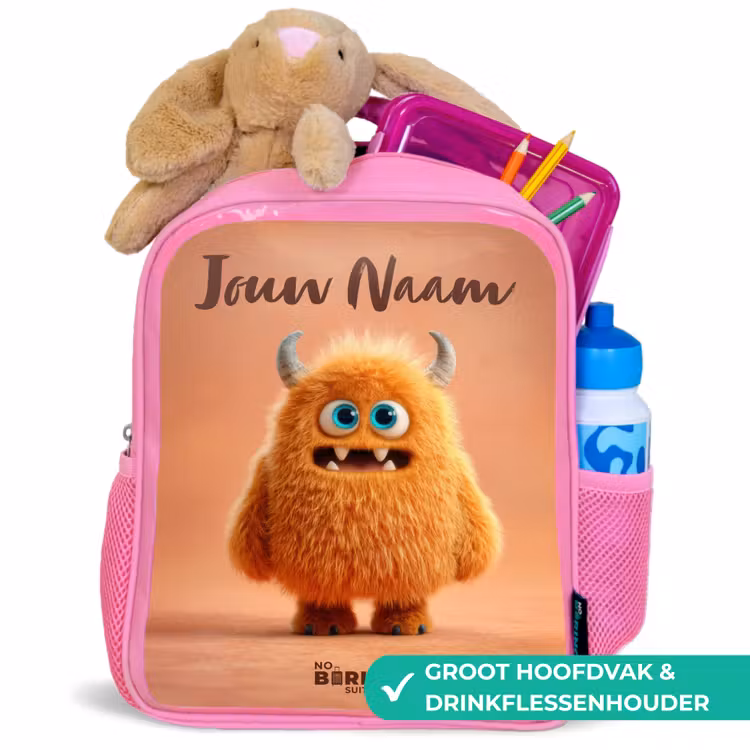 Kinderrugzak met naam - Roze - Oranje Pluizig Monster met Hoorns — 2