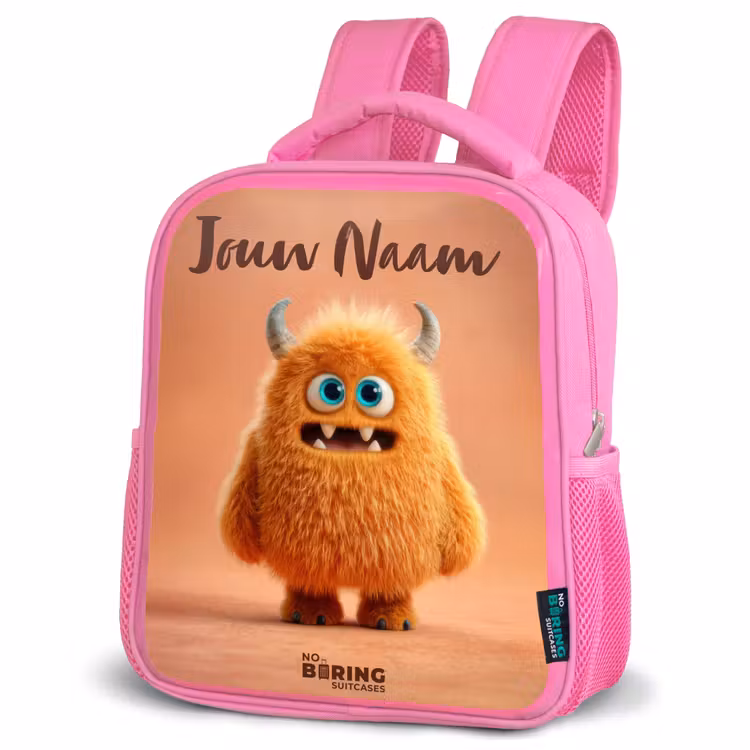 Kinderrugzak met naam - Roze - Oranje Pluizig Monster met Hoorns — 6